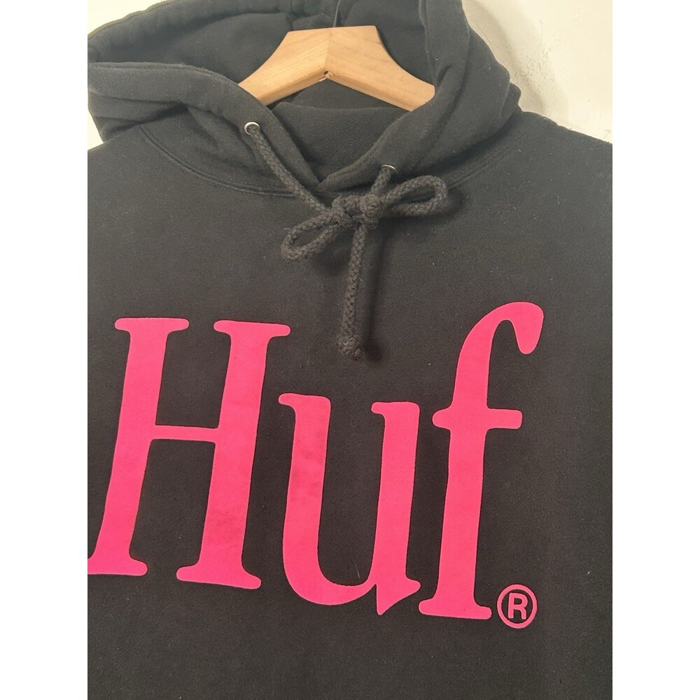 HUF Hoodie Mens Medium Black Pink Logo Pullover Hooded Sweatshirt Activewear